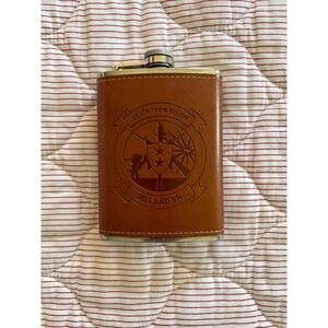 Leather Embossed Flask‎ "Death From Below" 2d LAAD BN Stainless Steele 8 oz